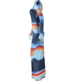 Long Sleeve Color Block Print Maxi Dress GJYO-302303