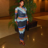 Long Sleeve Color Block Print Maxi Dress GJYO-302303