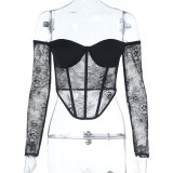 Sexy Lace Solid Color Long Sleeve Tops FL-25236