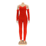 Solid Color Ruched Long Sleeve Jumpsuit AIL-199