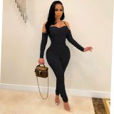 Solid Color Ruched Long Sleeve Jumpsuit AIL-199