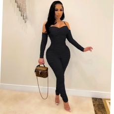 Solid Color Ruched Long Sleeve Jumpsuit AIL-199