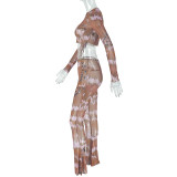 Long Sleeve Mesh Print Tops Two Piece Pants Set GJYO-919102