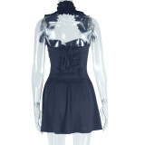 Solid Color Halterneck Pleated Mini Dress GJYO-301797