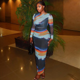Long Sleeve Color Block Print Maxi Dress GJYO-302303