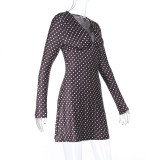 Polka Dots Print V Neck Mini Dress FL-25387