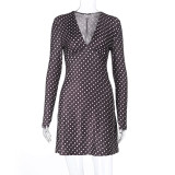 Polka Dots Print V Neck Mini Dress FL-25387