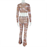 Long Sleeve Mesh Print Tops Two Piece Pants Set GJYO-919102