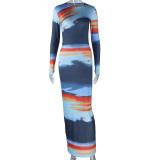 Long Sleeve Color Block Print Maxi Dress GJYO-302303