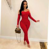 Solid Color Ruched Long Sleeve Jumpsuit AIL-199