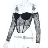 Sexy Lace Solid Color Long Sleeve Tops FL-25236