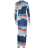 Long Sleeve Color Block Print Maxi Dress GJYO-302303