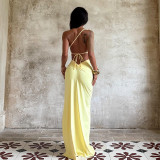 Slash Shoulder Backless Split Maxi Dress FL-25159