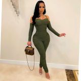 Solid Color Ruched Long Sleeve Jumpsuit AIL-199