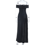 Off Shoulder Solid Color Split Maxi Dress FL-25456
