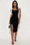 Shoulder Strap Velour Split Midi Dress GADE-8339