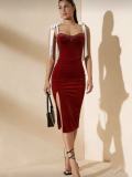 Shoulder Strap Velour Split Midi Dress GADE-8339