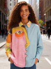 Color Block Print Long Sleeve Shirt GJMF-97823#