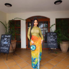 Patchwork Print Pleated Split Maxi Dress GMYU-11140