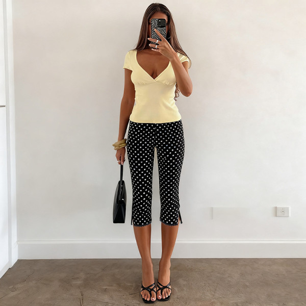 Polka Dots Print Slim Seventh Pants FL-25019