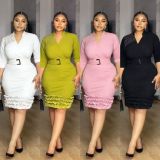 V Neck Pleated Ruffles Midi Dress GMYU-10229