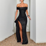 Off Shoulder Solid Color Split Maxi Dress FL-25456