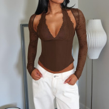 Long Sleeve Lace Halterneck T Shirt FL-25316