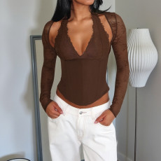 Long Sleeve Lace Halterneck T Shirt FL-25316