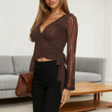Long Sleeve V Neck Tie Up Tops FL-25337
