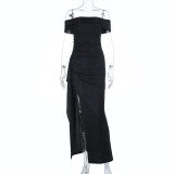 Off Shoulder Solid Color Split Maxi Dress FL-25456