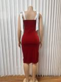 Shoulder Strap Velour Split Midi Dress GADE-8339