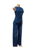 Sleeveless V Neck Denim Two Piece Pants Set GMYU-6616