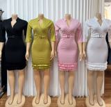 V Neck Pleated Ruffles Midi Dress GMYU-10229
