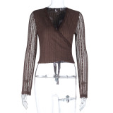 Long Sleeve V Neck Tie Up Tops FL-25337