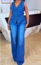 Sleeveless V Neck Denim Two Piece Pants Set GMYU-6616