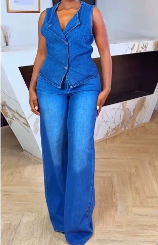 Sleeveless V Neck Denim Two Piece Pants Set GMYU-6616