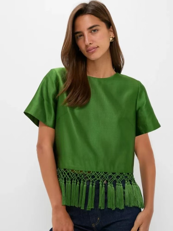 Solid Color Short Sleeve Tassel T Shirt GJMF-97821#
