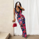 Deep V Neck Lace Patchwork Print Maxi Dress GHYX-5210