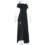 Off Shoulder Solid Color Split Maxi Dress FL-25456