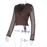 Long Sleeve V Neck Tie Up Tops FL-25337