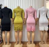 V Neck Pleated Ruffles Midi Dress GMYU-10229