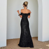 Off Shoulder Solid Color Split Maxi Dress FL-25456