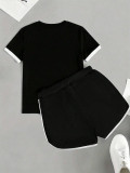 Letter Print Short Sleeve T Shirt Two Piece Short Set SH-391470
