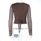 Long Sleeve V Neck Tie Up Tops FL-25337