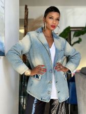Plus Size Vintage-Washed Denim Blazer Jacket GYLN-8925