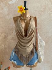 Halterneck Sleeveless Backless Tassel Top GHYX-7015