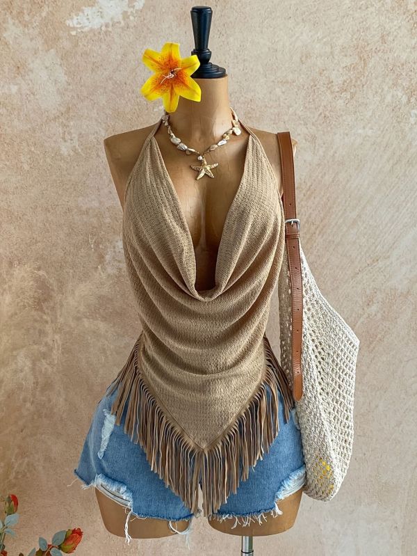 Halterneck Sleeveless Backless Tassel Top GHYX-7015