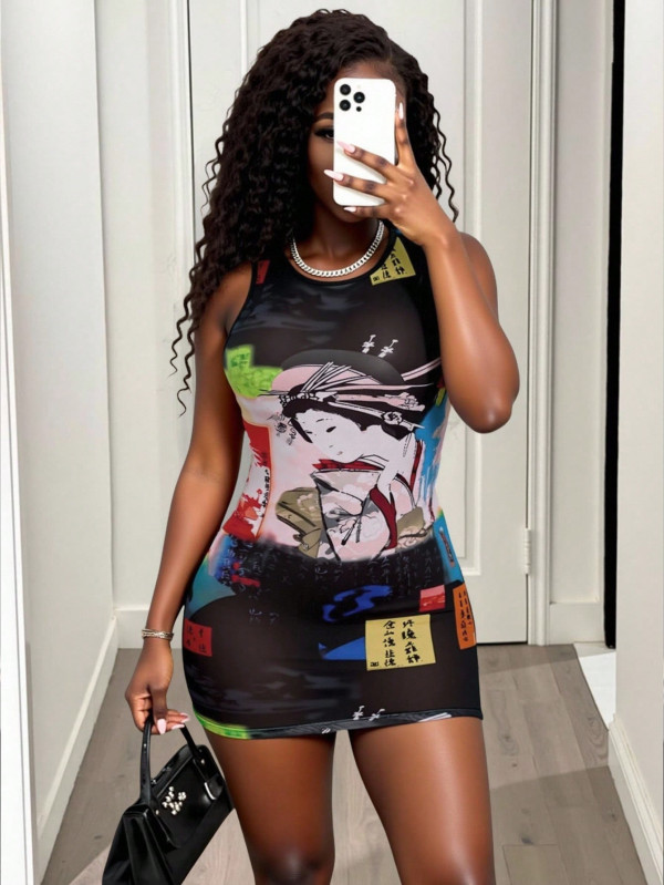 Sleeveless Print Vest Dress GHYX-5135