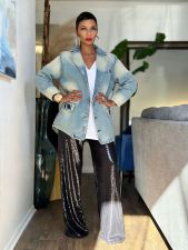 Plus Size Vintage-Washed Denim Blazer Jacket GYLN-8925