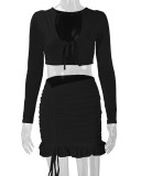 Ruffles Tie Up Tops Drawstring Skirt Two Piece Set YMYF-0905